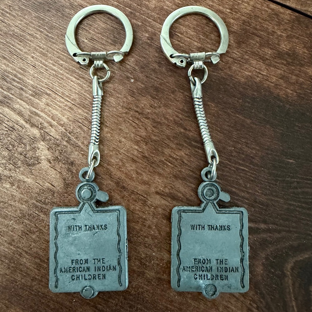 Vintage Thunderbird Keychains Pair w Thanks From American Indian Children Pewter - Picture 5 of 7